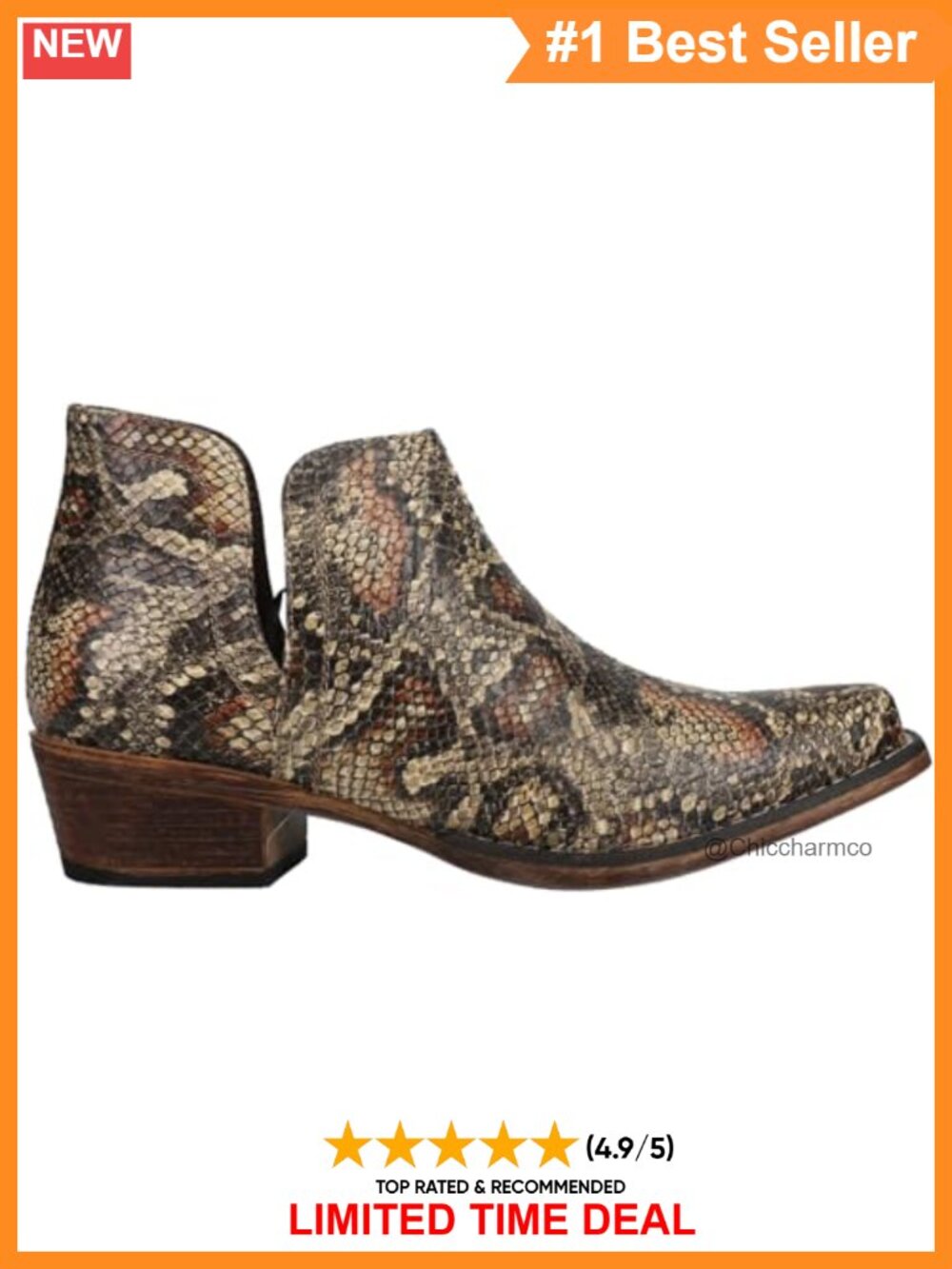 Faux Leather Snake Print Snip Toe Ankle Cowboy Booties